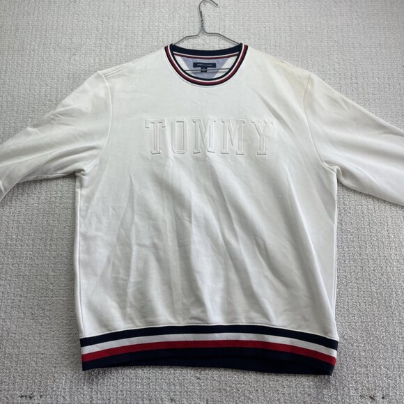 Y2K Tommy Hilfiger Sweatshirt Crew Neck Mens XXL White Embossed Spell Out Read - Picture 11 of 16